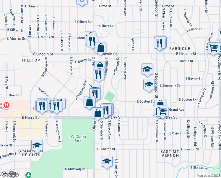 map of restaurants, bars, coffee shops, grocery stores, and more near 1301 South Bleckley Drive in Wichita
