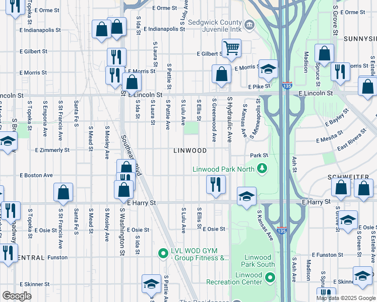 map of restaurants, bars, coffee shops, grocery stores, and more near in Wichita