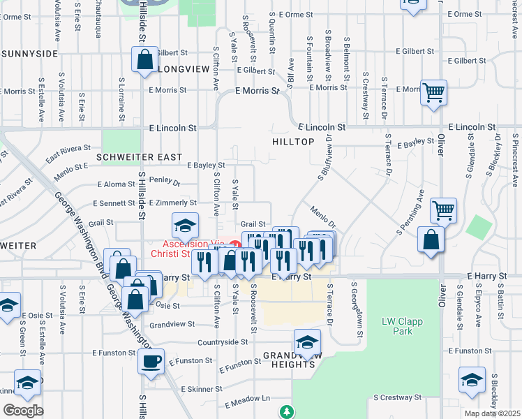 map of restaurants, bars, coffee shops, grocery stores, and more near 3813 East Zimmerly Street in Wichita