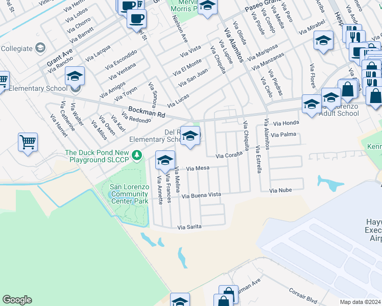 map of restaurants, bars, coffee shops, grocery stores, and more near 1510 Vía Sonya in San Lorenzo
