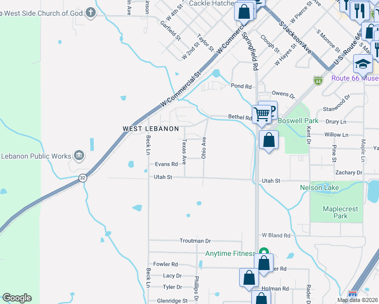 map of restaurants, bars, coffee shops, grocery stores, and more near 506 Texas Avenue in Lebanon