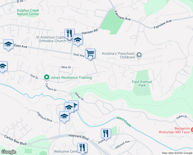 map of restaurants, bars, coffee shops, grocery stores, and more near 2691 Highland Trail Lane in Hayward