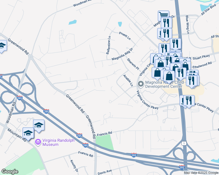 map of restaurants, bars, coffee shops, grocery stores, and more near 10624 Spurloch Court in Glen Allen