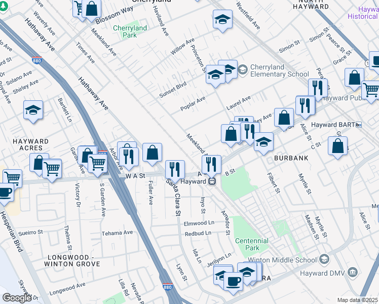 map of restaurants, bars, coffee shops, grocery stores, and more near 22383 Meekland Avenue in Hayward