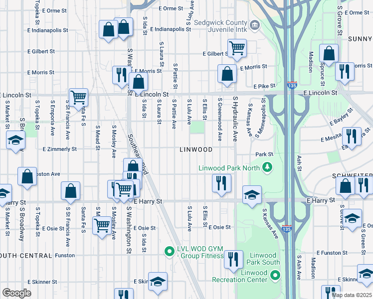 map of restaurants, bars, coffee shops, grocery stores, and more near 1401 South Lulu Street in Wichita
