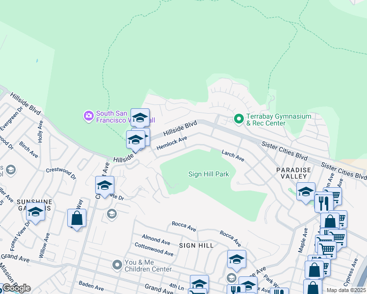 map of restaurants, bars, coffee shops, grocery stores, and more near 83 Kearney Street in South San Francisco