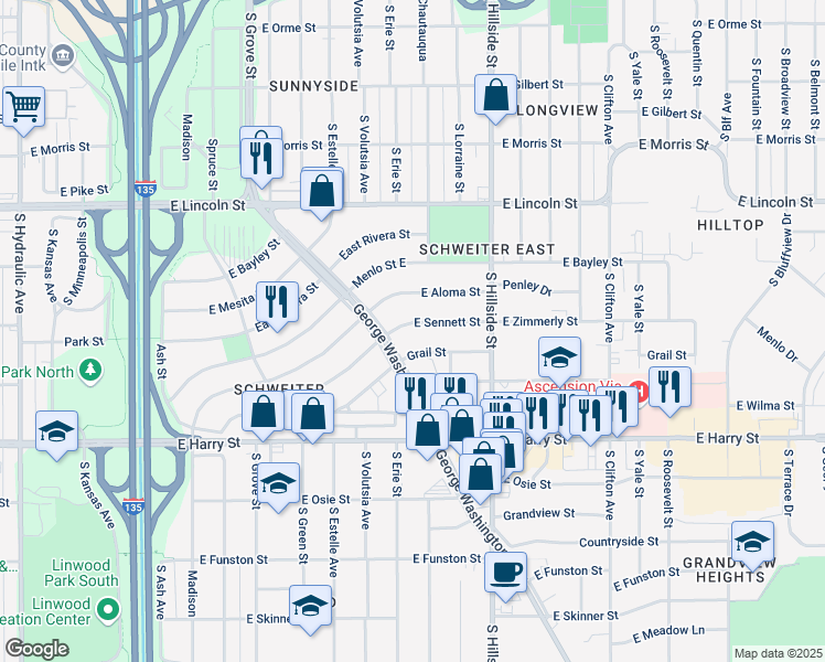 map of restaurants, bars, coffee shops, grocery stores, and more near 2907 East Sennett Street in Wichita