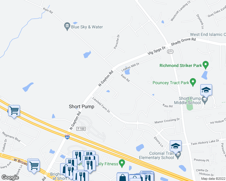 map of restaurants, bars, coffee shops, grocery stores, and more near 12311 Kain Road in Glen Allen