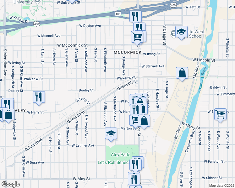 map of restaurants, bars, coffee shops, grocery stores, and more near 1410 South Martinson Street in Wichita