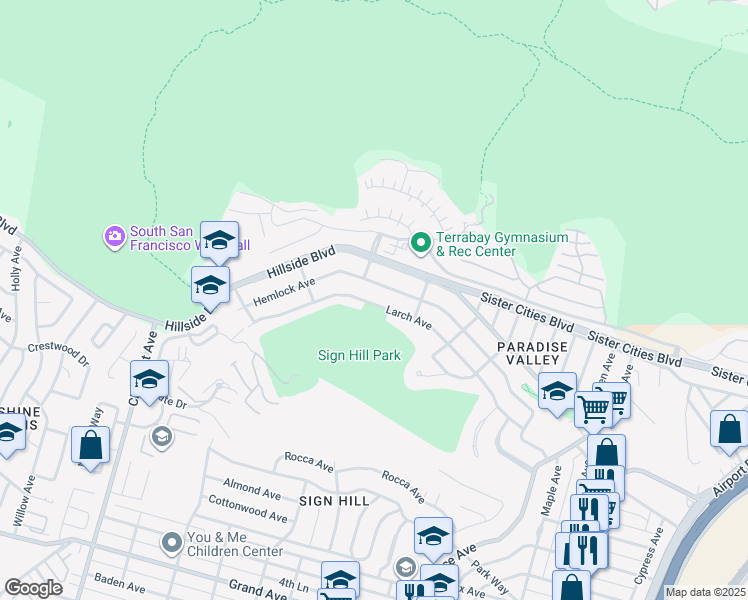 map of restaurants, bars, coffee shops, grocery stores, and more near 720 Larch Avenue in South San Francisco