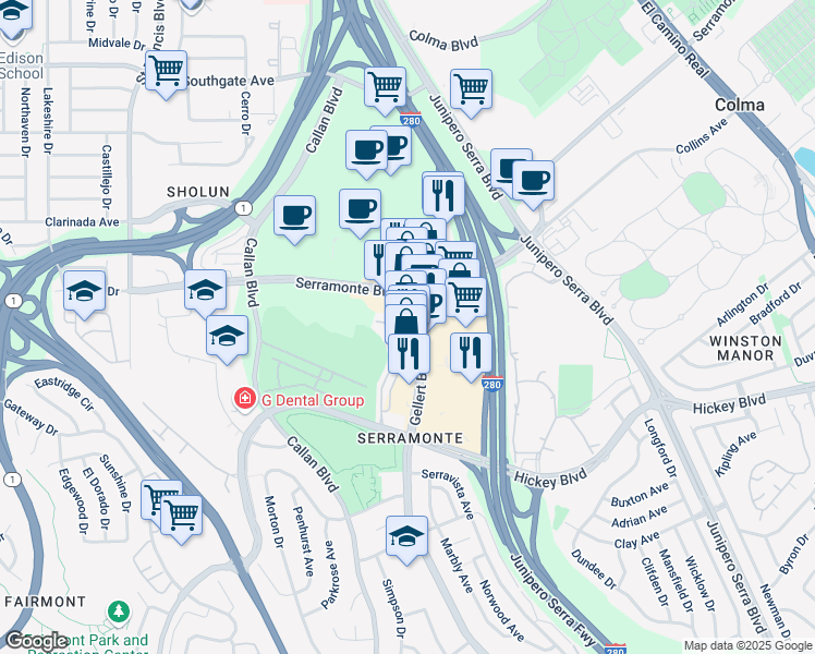 map of restaurants, bars, coffee shops, grocery stores, and more near 320 Gellert Boulevard in Daly City