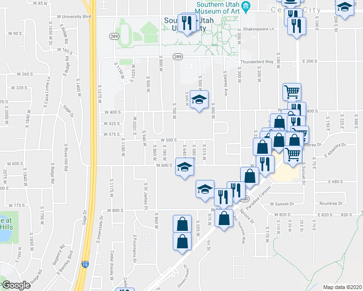 map of restaurants, bars, coffee shops, grocery stores, and more near 522 South 640 West in Cedar City