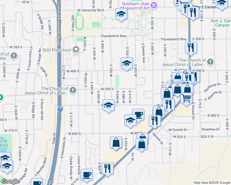 map of restaurants, bars, coffee shops, grocery stores, and more near 522 South 640 West in Cedar City