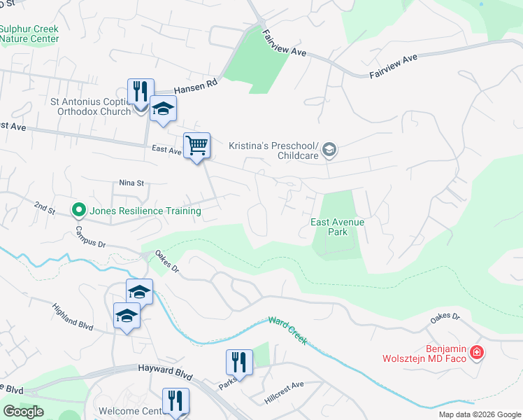 map of restaurants, bars, coffee shops, grocery stores, and more near 25603 Camino Vista in Hayward