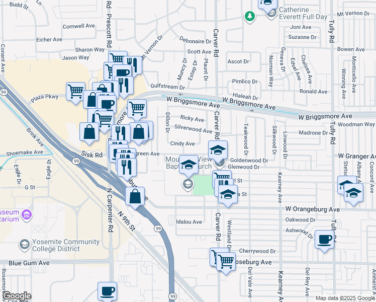 map of restaurants, bars, coffee shops, grocery stores, and more near 1825 Evergreen Avenue in Modesto
