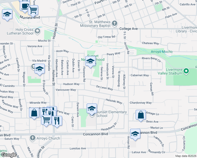 map of restaurants, bars, coffee shops, grocery stores, and more near 1566 De Soto Way in Livermore