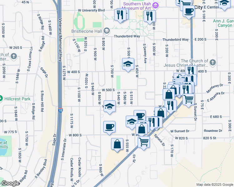 map of restaurants, bars, coffee shops, grocery stores, and more near 522 South 640 West in Cedar City