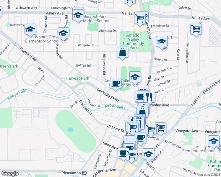 map of restaurants, bars, coffee shops, grocery stores, and more near 1135 Tiffany Lane in Pleasanton