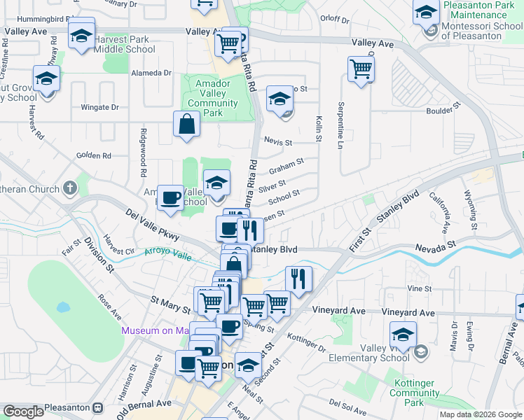 map of restaurants, bars, coffee shops, grocery stores, and more near 4270 School Street in Pleasanton