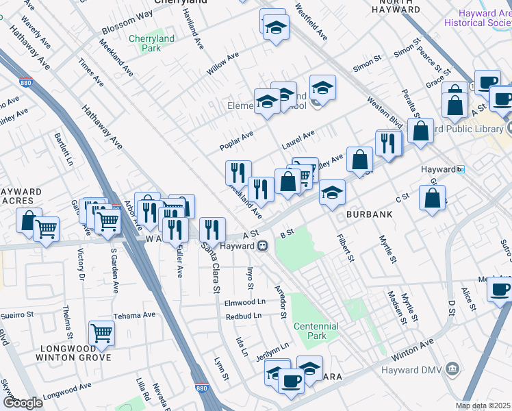 map of restaurants, bars, coffee shops, grocery stores, and more near 22430 Meekland Avenue in Hayward