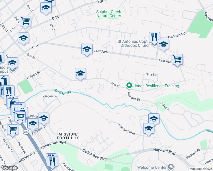 map of restaurants, bars, coffee shops, grocery stores, and more near 24739 2nd Street in Hayward
