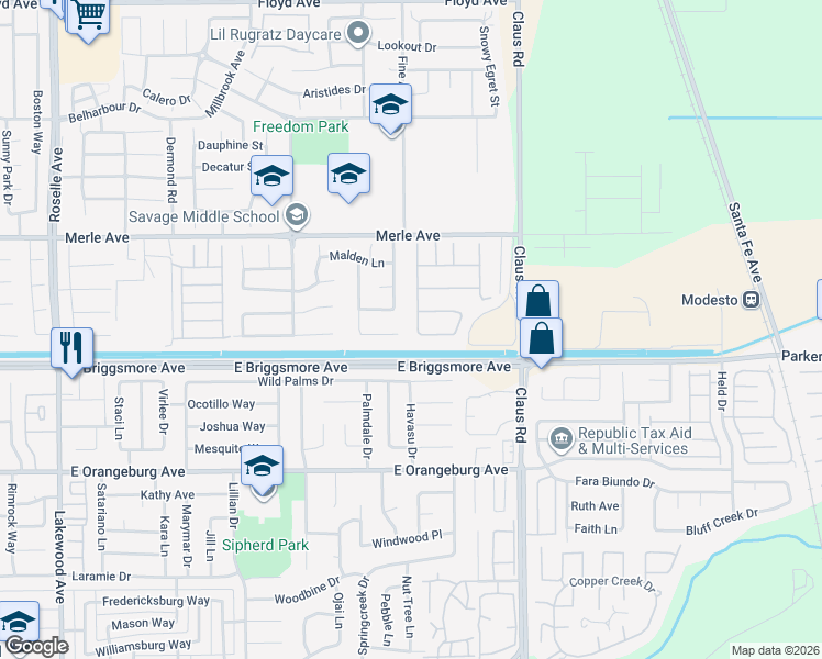 map of restaurants, bars, coffee shops, grocery stores, and more near 1605 Epping Avenue in Modesto