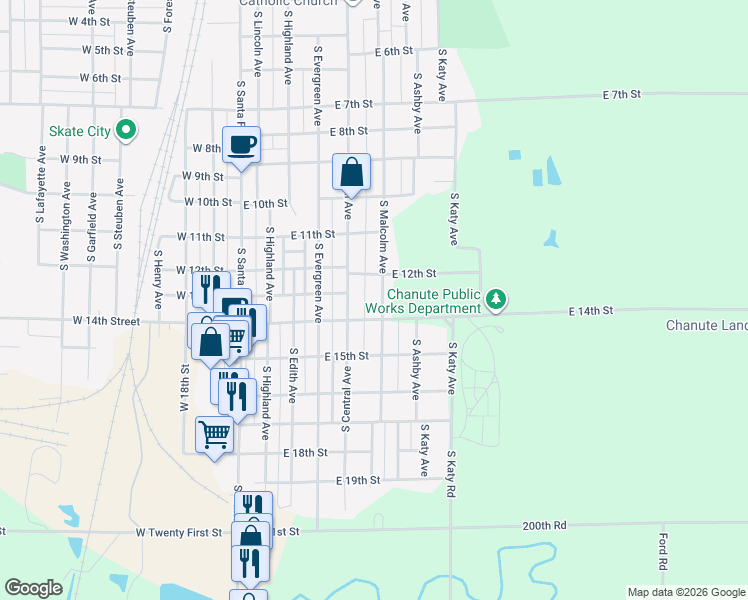map of restaurants, bars, coffee shops, grocery stores, and more near 1305 South Malcolm Avenue in Chanute