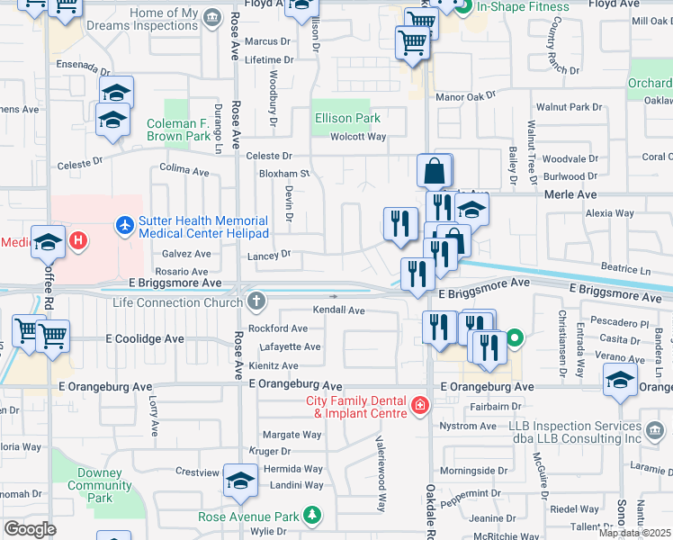 map of restaurants, bars, coffee shops, grocery stores, and more near 1608 Eastwick Court in Modesto
