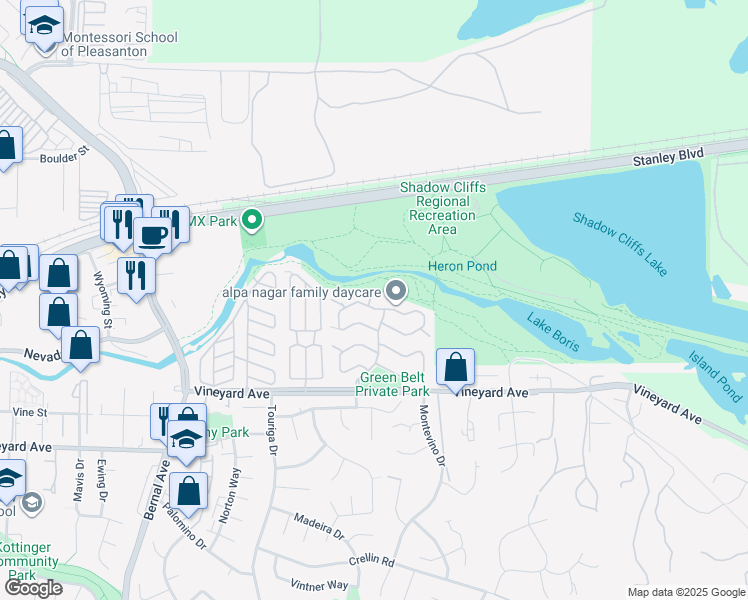 map of restaurants, bars, coffee shops, grocery stores, and more near 3007 Badger Drive in Pleasanton