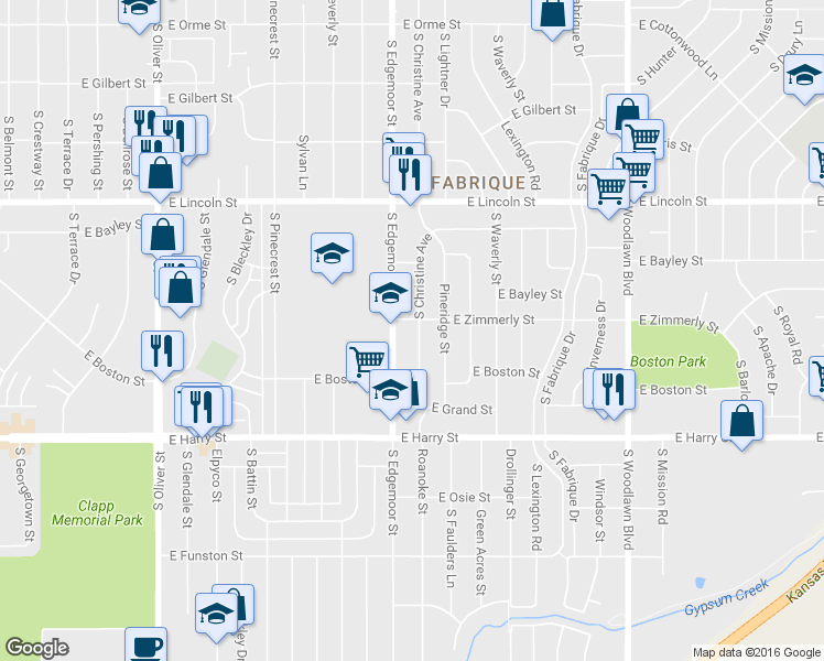map of restaurants, bars, coffee shops, grocery stores, and more near 1109 South Christine Avenue in Wichita