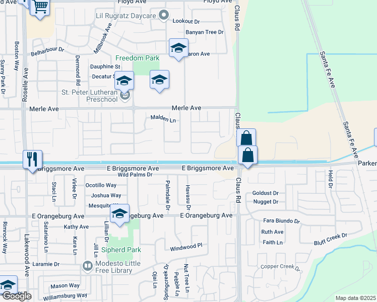 map of restaurants, bars, coffee shops, grocery stores, and more near 1605 Epping Avenue in Modesto
