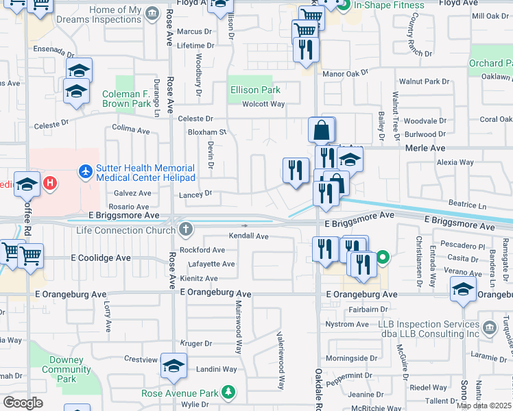 map of restaurants, bars, coffee shops, grocery stores, and more near 1608 Eastwick Court in Modesto