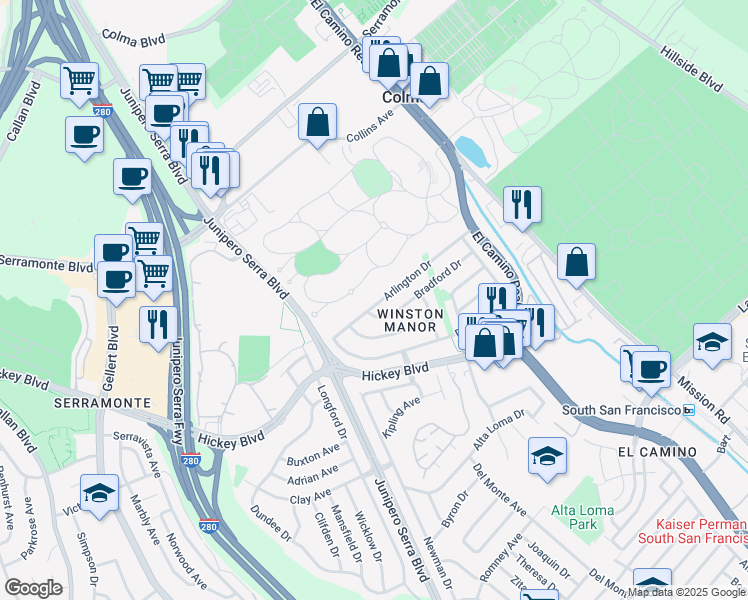 map of restaurants, bars, coffee shops, grocery stores, and more near 58 Arlington Drive in South San Francisco