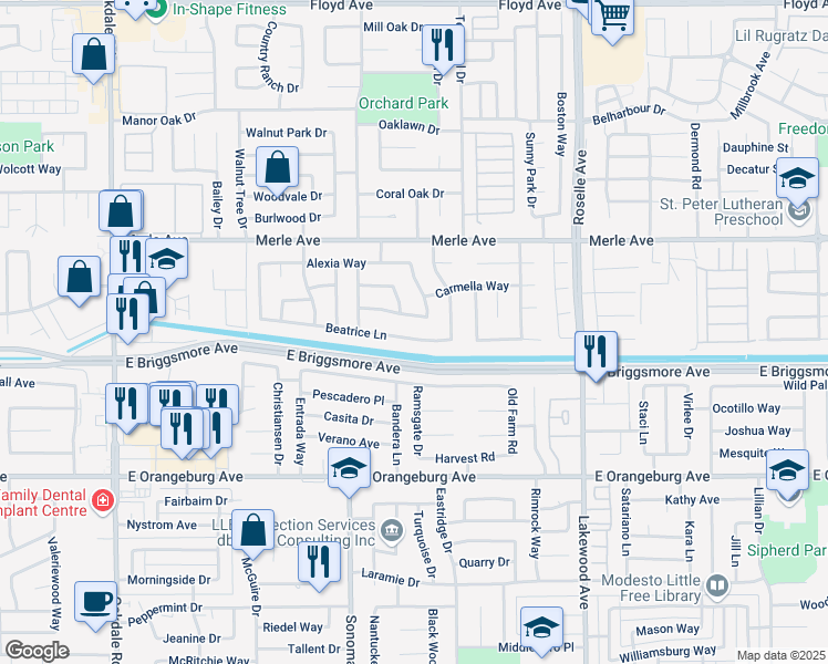 map of restaurants, bars, coffee shops, grocery stores, and more near 2645 Beatrice Lane in Modesto
