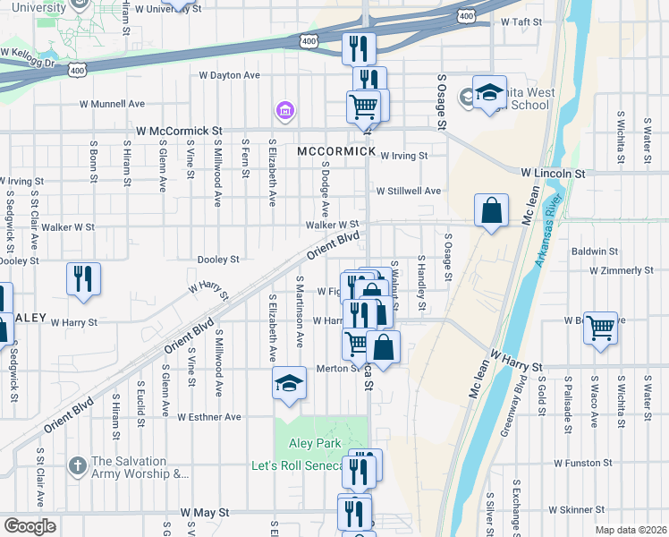 map of restaurants, bars, coffee shops, grocery stores, and more near 1416 S Dodge Ave in Wichita