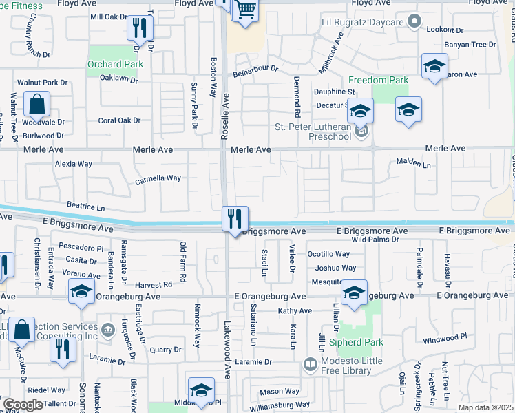 map of restaurants, bars, coffee shops, grocery stores, and more near 3025 Ivory Court in Modesto