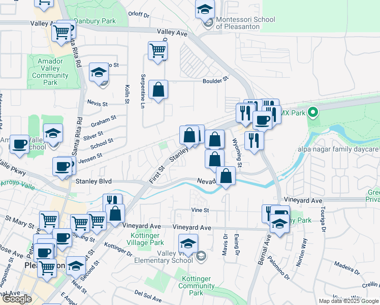 map of restaurants, bars, coffee shops, grocery stores, and more near 3724 Stanley Boulevard in Pleasanton