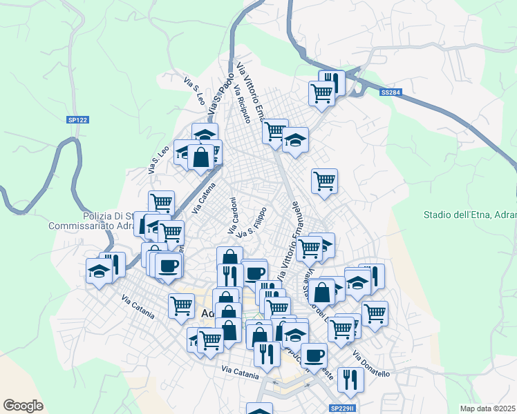 map of restaurants, bars, coffee shops, grocery stores, and more near 24 Via Miraglia in Adrano