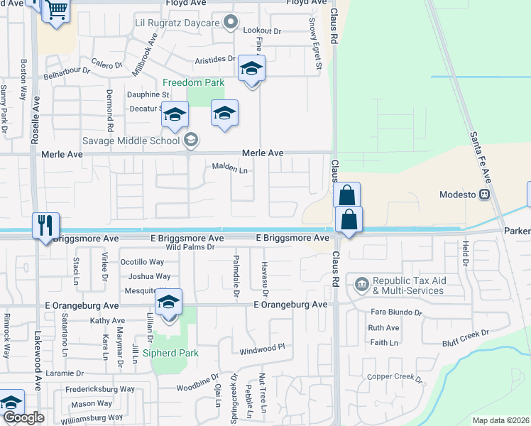 map of restaurants, bars, coffee shops, grocery stores, and more near 1605 Epping Avenue in Modesto