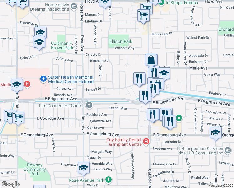 map of restaurants, bars, coffee shops, grocery stores, and more near 1608 Eastwick Court in Modesto