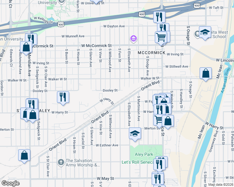 map of restaurants, bars, coffee shops, grocery stores, and more near in Wichita