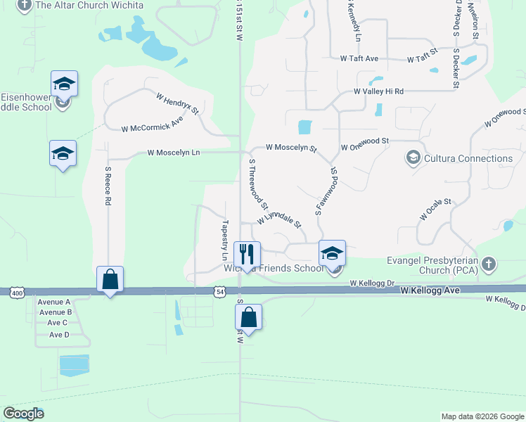 map of restaurants, bars, coffee shops, grocery stores, and more near 1348-1398 South Threewood Street in Wichita