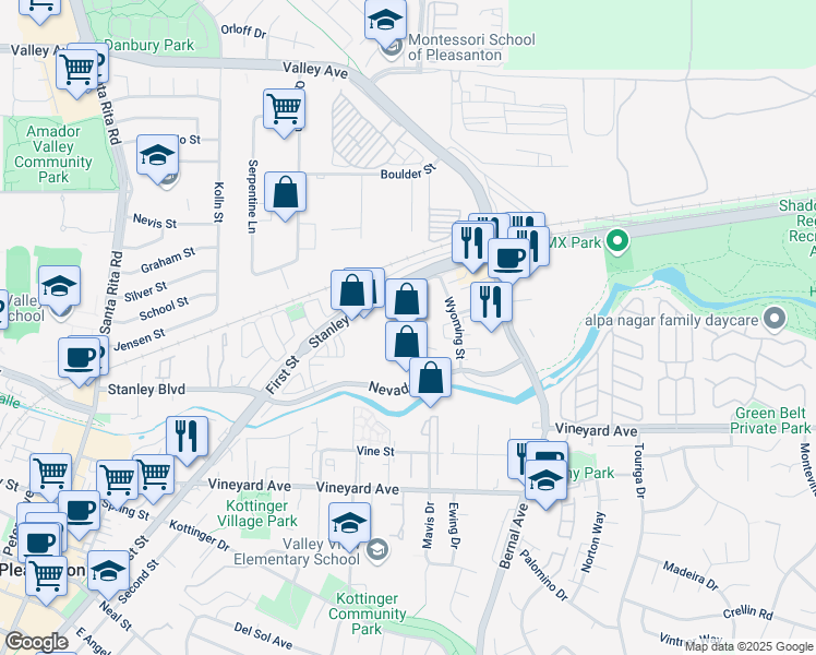 map of restaurants, bars, coffee shops, grocery stores, and more near 7 California Avenue in Pleasanton