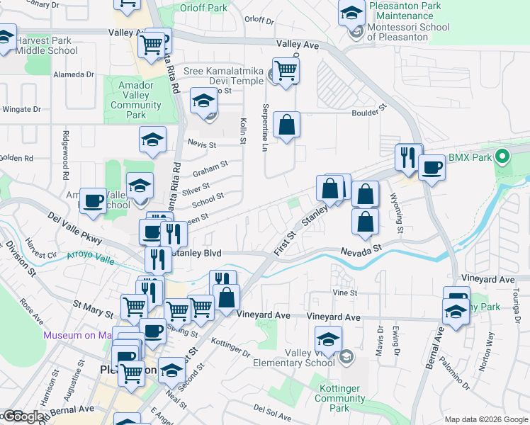 map of restaurants, bars, coffee shops, grocery stores, and more near 313 Trenton Circle in Pleasanton