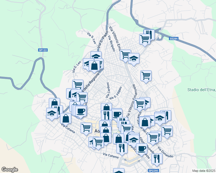 map of restaurants, bars, coffee shops, grocery stores, and more near 81 Via Cardoni in Adrano