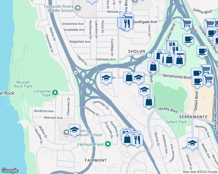 map of restaurants, bars, coffee shops, grocery stores, and more near in Broadmoor