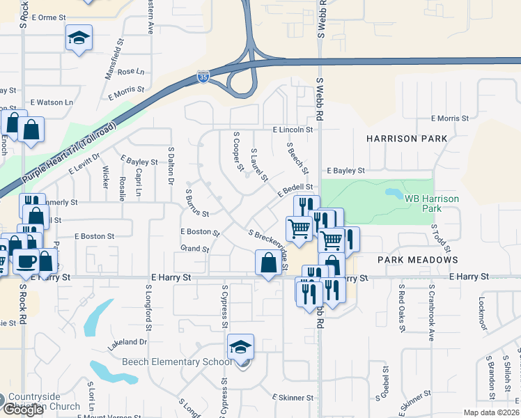 map of restaurants, bars, coffee shops, grocery stores, and more near 9200 East Bedell Street in Wichita