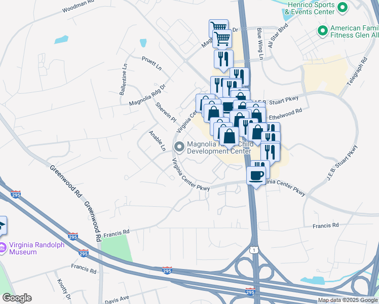 map of restaurants, bars, coffee shops, grocery stores, and more near 10501 Wylie Lane in Glen Allen