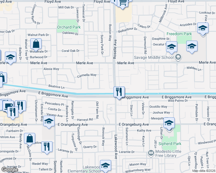 map of restaurants, bars, coffee shops, grocery stores, and more near 1613 Cashmere Drive in Modesto