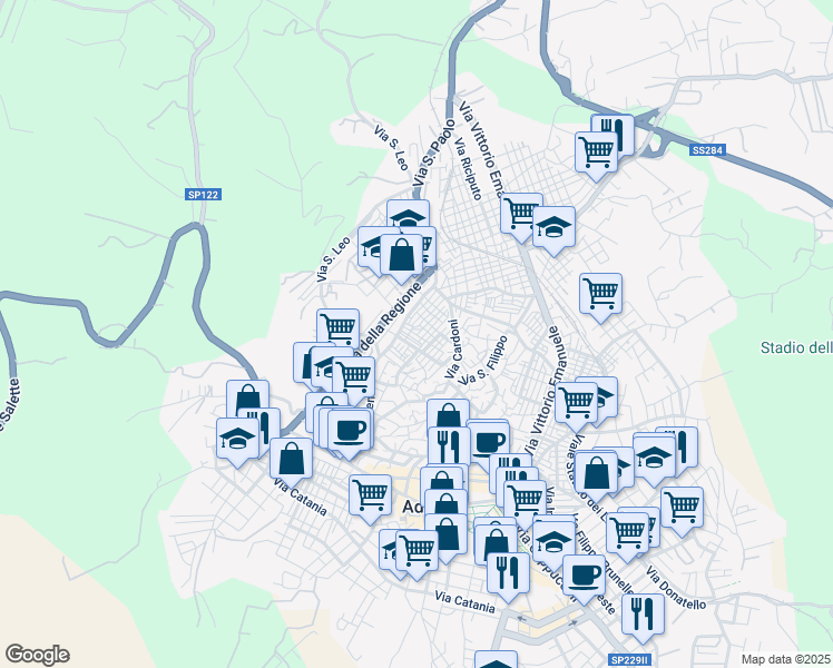 map of restaurants, bars, coffee shops, grocery stores, and more near 19 Via Caronda in Adrano